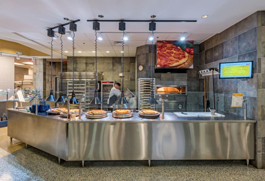 Texas A&M University Commerce commercial renovation of kitchen that shows large pizza ovens and serving area